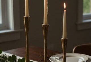 Trois bougies allumées diffusent une lumière douce sur une table dressée