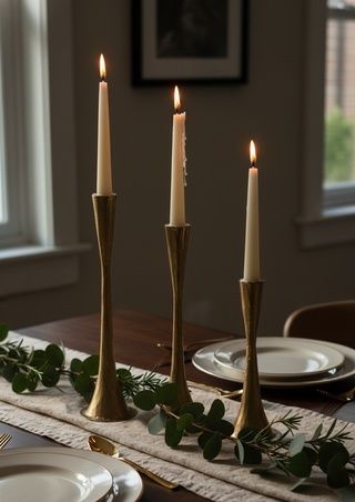 Trois bougies allumées diffusent une lumière douce sur une table dressée